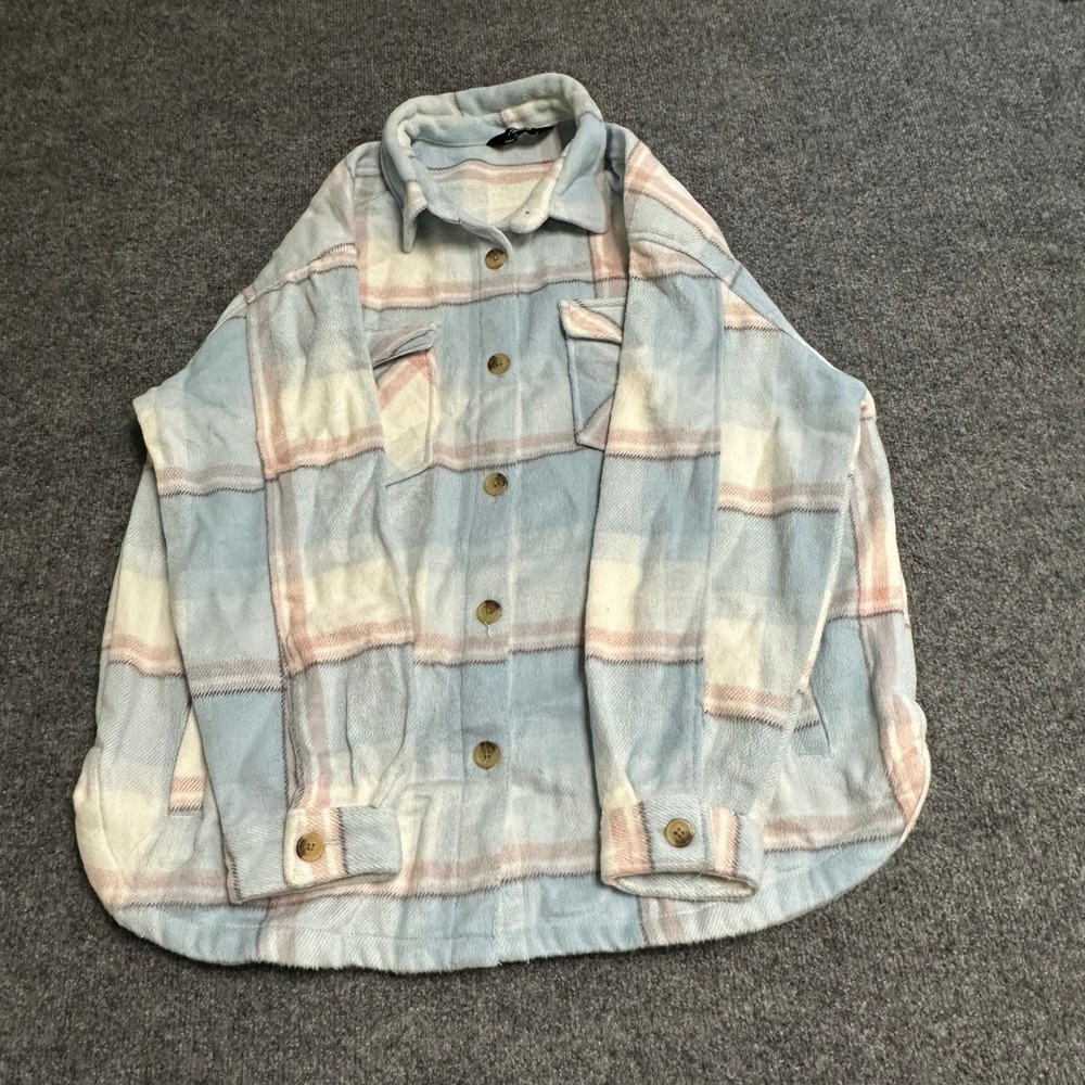 Member's Mark Shacket Womens Size XL Blue Pink Plaid Fleece Button Up Oversized